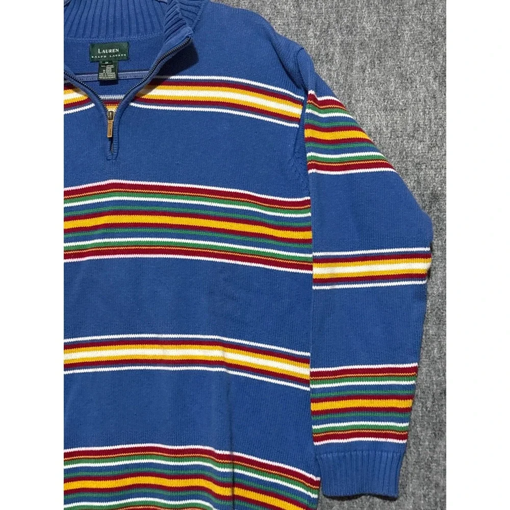 Lauren Ralph Lauren Blue Striped Quarter Zip Cotton Sweater 1XL Womens Mock Neck